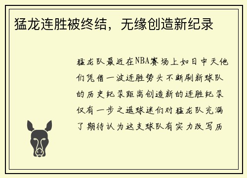 猛龙连胜被终结，无缘创造新纪录